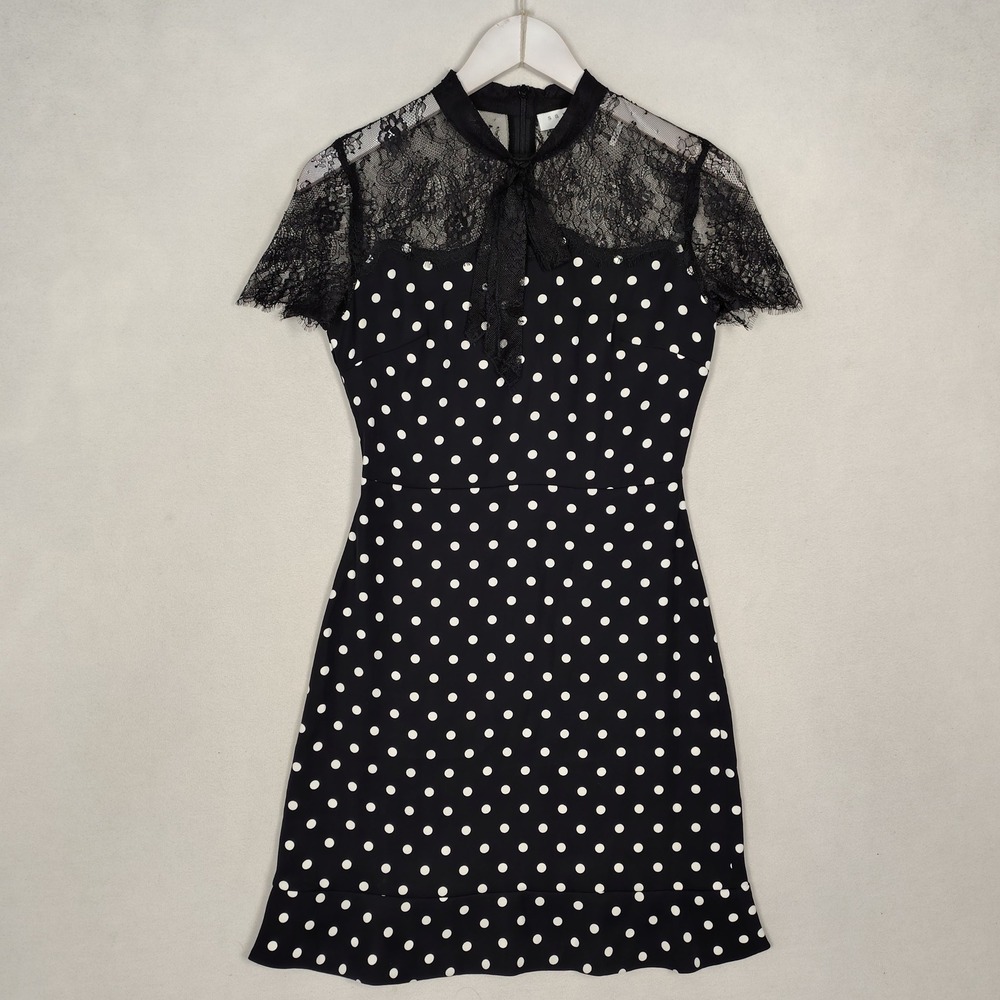 Sandro Paris Polka Dot Lace Yoke Tie Neck Ruffle Hem Mini Dress Black White 1